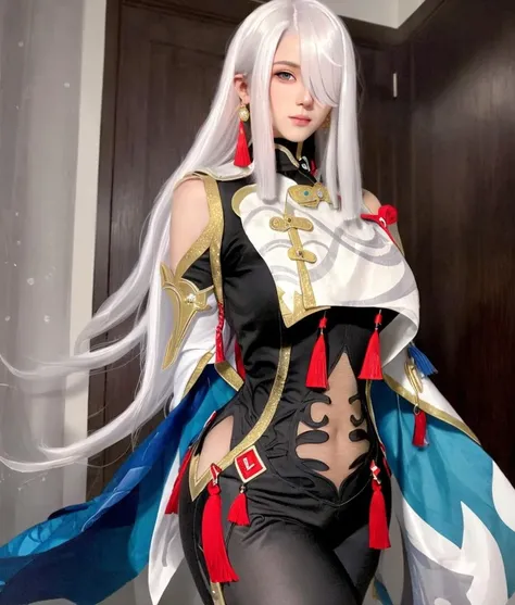 (masterpiece, best quality:1.4),finely detailed,1girl,solo,pale skin,perfect body,glossy skin,killer,shenhe \(genshin impact\),(hair over one eye),long hair,tassel,gloves,breast curtain,(black bodysuit),bodysuit,tassel earrings,(close-up photo:1.1),(supergiant breasts:1.3),(arms behind back),white hair,(hair decoration),<lora:killeråç¥ç³é¹¤v1.0 :0.8>