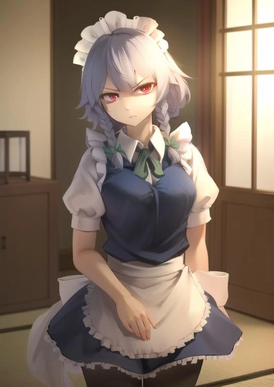 (masterpiece, best quality:1.2), extremely detailed, soft ambient lighting, sharp focus, 4K, BREAK <lora:izayoi_sakuya_v1:1>, 1girl, solo, izayoi Sakuya, sakuya1, maid, maid headdress, maid apon, BREAK indoors, japanese house, looking at viewer, serious,