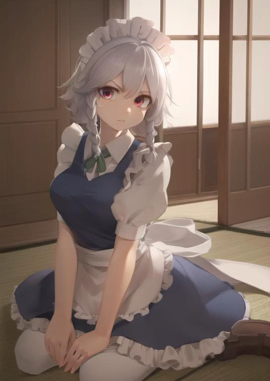 (masterpiece, best quality:1.2), extremely detailed, soft ambient lighting, sharp focus, 4K, BREAK <lora:izayoi_sakuya_v1:1>, 1girl, solo, izayoi Sakuya, sakuya1, maid, maid headdress, maid apon, BREAK indoors, japanese house, looking at viewer, serious,