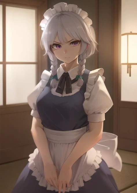 (masterpiece, best quality:1.2), extremely detailed, soft ambient lighting, sharp focus, 4K, BREAK <lora:izayoi_sakuya_v1:1>, 1girl, solo, izayoi Sakuya, sakuya1, maid, maid headdress, maid apon, BREAK indoors, japanese house, looking at viewer, serious,