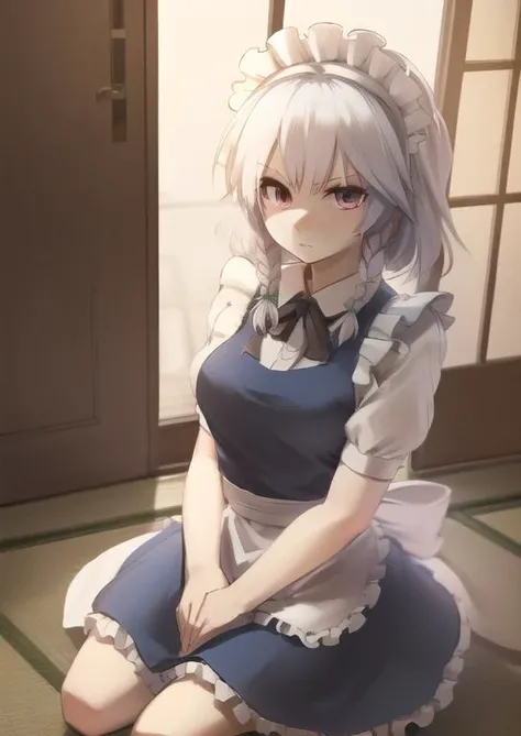 (masterpiece, best quality:1.2), extremely detailed, soft ambient lighting, sharp focus, 4K, BREAK <lora:izayoi_sakuya_v1:1>, 1girl, solo, izayoi Sakuya, sakuya1, maid, maid headdress, maid apon, BREAK indoors, japanese house, looking at viewer, serious,