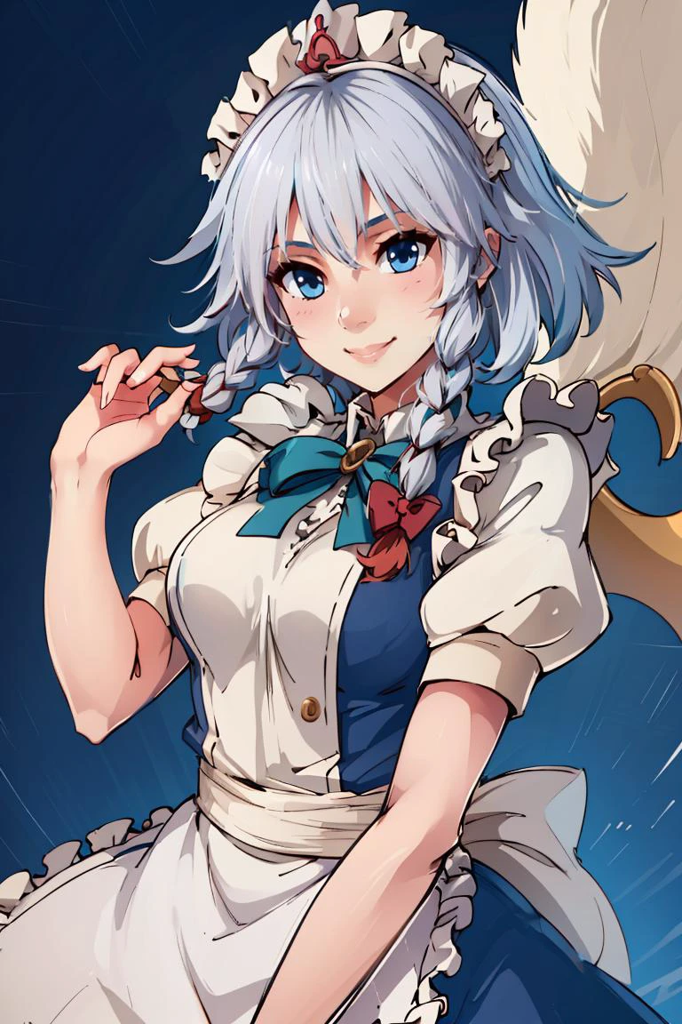 ((masterpiece,best quality)), 1girl, solo, sakuya1, <lora:izayoi_sakuya_v1:0.8>, maid, apon, greyt hair, medium breasts, smile,