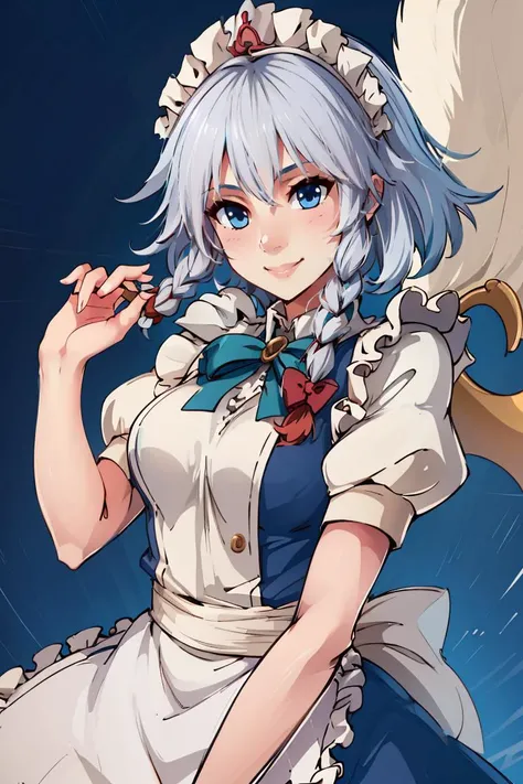 ((masterpiece,best quality)), 1girl, solo, sakuya1, <lora:izayoi_sakuya_v1:0.8>, maid, apon, greyt hair, medium breasts, smile,