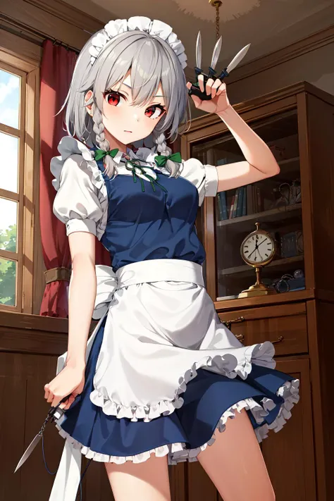 masterpiece, best quality, highres, 1girl, solo, sakuya1, izayoi sakuya, maid, red eyes, grey hair, medium breasts, <lora:izayoi_sakuya_v1:0.7>, pocket watch, knife, indoors,