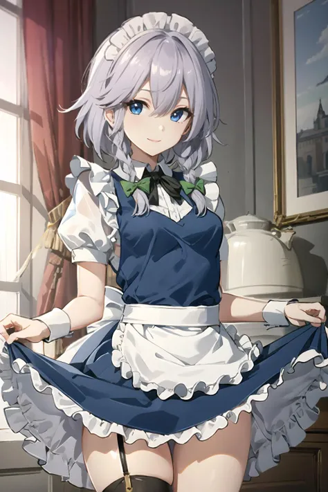 (high resolution:1.2), absurdres, (highest quality:1.2), best quality, BREAK
(detailed face,1.2), perfect face, (detailed eyes:1.2), luminous eyes, BREAK
(smooth skin:1.2), shiny skin, BREAK
1girl, solo, BREAK
<lora:izayoiSakuyaTouhou_v1:0.6>, izayoi Sakuya, sakuya1, BREAK
maid, looking down viewer, slender, BREAK
grey hair, low twin braids, short hair, hair between eyes, blue eyes, ãã¢ã¯ã»ãµãªã, BREAK
medium breasts, thighs, BREAK
maid apon, maid headdress, frilled apron, frilled dress, waist apron, puffy short sleeves, collared shirt, green bow, thigh strap, garter belt, wrist cuffs, BREAK
standing, skirt lift, BREAK
in room, BREAK
seductive smile