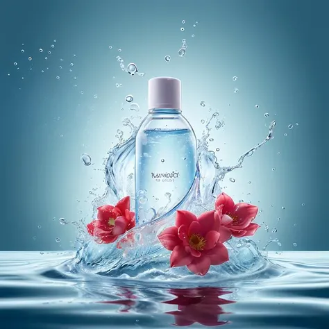 realflow, blue background, white bottle, lake, red flowers, <lora:realflowV6-000022:0.7>