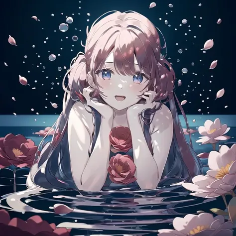 realflow, blue background, 1girl, lake, red flowers, <lora:realflowV6-000022:0.7>