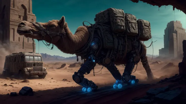 <lora:ExpeditionStyle:1>ExpeditionStyle a cyberpunk nomad crossing the desert on an enhanced robotic camel adventurous <lora:LowRa:0.6> <lora:add_detail:0.75>, (Masterpiece:1.3) (best quality:1.2) (high quality:1.1)
