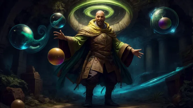 <lora:ExpeditionStyle:1>ExpeditionStyle solo, half shot, looking at viewer, detailed background, detailed face, (high fantasy medieval theme:1.1), bubble-wizard, happy, dynamic pose, yellow (orange:0.8) wizard robes, surrounded by Green bubbles, floating orbs, large bubbles, swirling vortex, floating particles, reflections, glowing bubbles, radiant, bubbles in background, dazzling colors, bright lighting, magical atmosphere, adventurous <lora:LowRa:0.6> <lora:add_detail:0.75>, (Masterpiece:1.3) (best quality:1.2) (high quality:1.1)