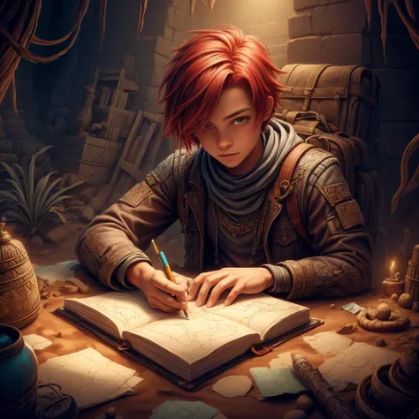 <lora:ExpeditionStyle:1>ExpeditionStyle a light-skinned teenager with bright red hair sketching in a notebook, colorful, desert environment, treasure seeking, <lora:add_detail:0.5>, (Masterpiece:1.3) (best quality:1.2) (high quality:1.1)
