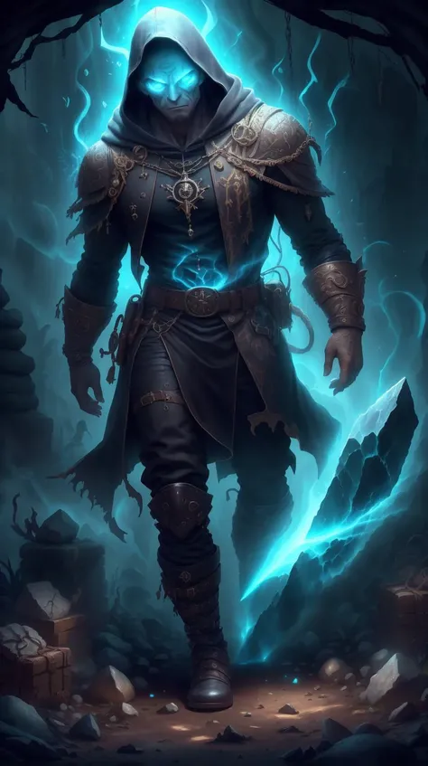 <lora:ExpeditionStyle:1>ExpeditionStyle (style-swirlmagic:0.8),  solo, (full body:0.6), looking up, detailed background, detailed face, (<lora:StonepunkAI:0.6>, stonepunkAI, stone theme:1.1), glowing eyes, legendary shadow-blade,   hood, sleek dark black leather clothes, belt, dark amulet emanating corrupt aura, calculated glance, one with the shadows, magical abilities, shadow manipulation, floating shadow particles,  sinister magical sigils,     dark cave in background,  (dark shadows:1.1), moonlight,  eerie calm, ominous atmosphere,, (Masterpiece:1.3) (best quality:1.2) (high quality:1.1)