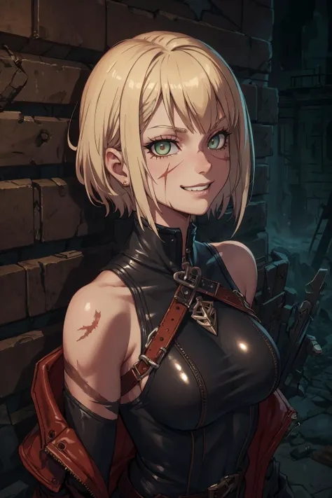 masterpiece, best quality, <lora:detail_slider_v4:1.0>,
<lora:GoodHands-beta2:0.8>,
1 girl, adult woman, coral eyes, natural blonde razor cut hair,
looking away, solo, half shot, detailed background, detailed face, (<lora:ExpeditionStyle:0.6>, ExpeditionStyle theme:1.1), mischievous grin, infiltrator, scars, dark leather clothes, urban setting background, sneaky, stolen goods in background low light, gloomy atmosphere,