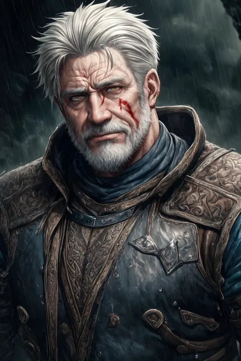 masterpiece, hyper detailed, best quality, extreme detailed, illustration, delicate composition, fusion of abstract and fluid art, <lora:tangbohu-detailer_1.0:0.75>, <lora:sharpen-soften:-0.3>,
(1man, wrinkled face, old french male:1.2), yellow eyes, gray hair, blunt cut,
norse, portrait, battlescars,looking at viewer, solo, half shot, detailed background, (<lora:ExpeditionStyle:0.6>, ExpeditionStyle theme:1.1), nordic medieval norse raider, bloodthirsty expression, dynamic pose, viking age, blood spatters, simple muted dark blue padded leather vest, soaked in the rain, cinematic scene composition, viking atmosphere,