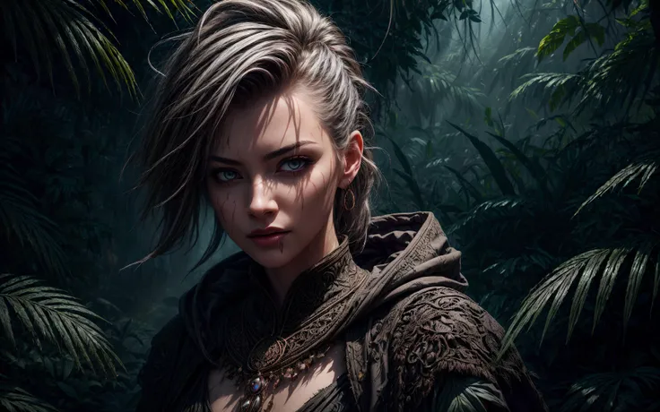 masterpiece, epic, majestic, best quality, very high resolution, 8k, hdr, digital photography, dynamic pose, perfect old female Boogeyman cultist, ruby eyes, (gray hair, faux hawk hair:1.1), showing devastating expression, solo, establishing shot, looking away, detailed background, detailed face, (<lora:ExpeditionStyle:0.6>, ExpeditionStyle theme:1.1), aggressive jungle warrior, untamed, feral eyes, wild hair, fighting stance, Shadow torn tribal clothing, blood, ornaments, hide cloak, leaves, poisonous plants, exotic dense undergrowth in background, insects in background, untamed terrain, humid climate, darkness, mysterious haze, cinematic atmosphere, ,, (iridescent:0.7), (transparent:0.8), (translucid:0.8), (reflection:0.6), (refraction:0.3), (diffraction:0.3), (caustics:0.3), volumetric lights, volumetric shadows, (subsurface scatering:0.4), physically based rendering, (intricate details:1.3), hyperdetailed, ultrarealistic, (sharp focus:1.2) <lora:hyperdenoiser_v090:1.5> <lora:add_detail:1.5>