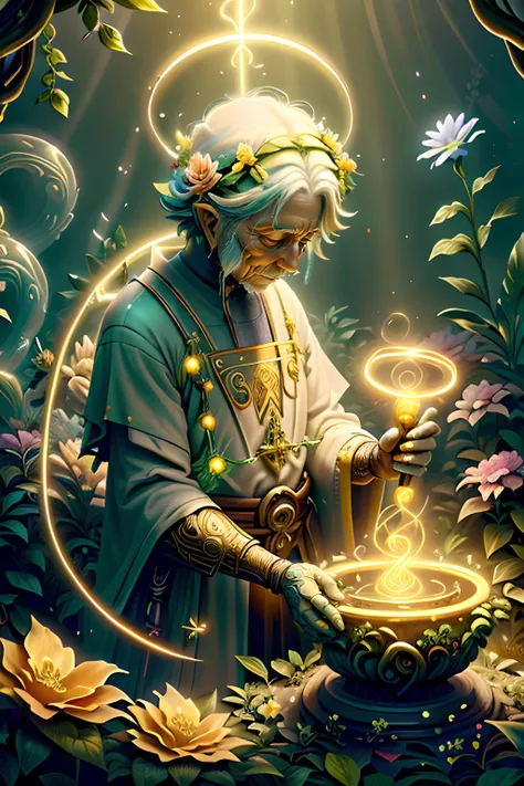((An elderly gardener tending to sacred flowers)), (((Colorful Holy flowers))), ((Golden vines)), ((Vibrant Garden)), (((Swirling Holy Magic))), (((Holy Energy)), ((Holy Light)), <lora:BlessedTech-20:0.8> blessedtech, blessed, aura <lora:NatureMagic-20:0.5> naturemagic, magical energy, fantasy <lora:ExpeditionStyle:0.4> ExpeditionStyle