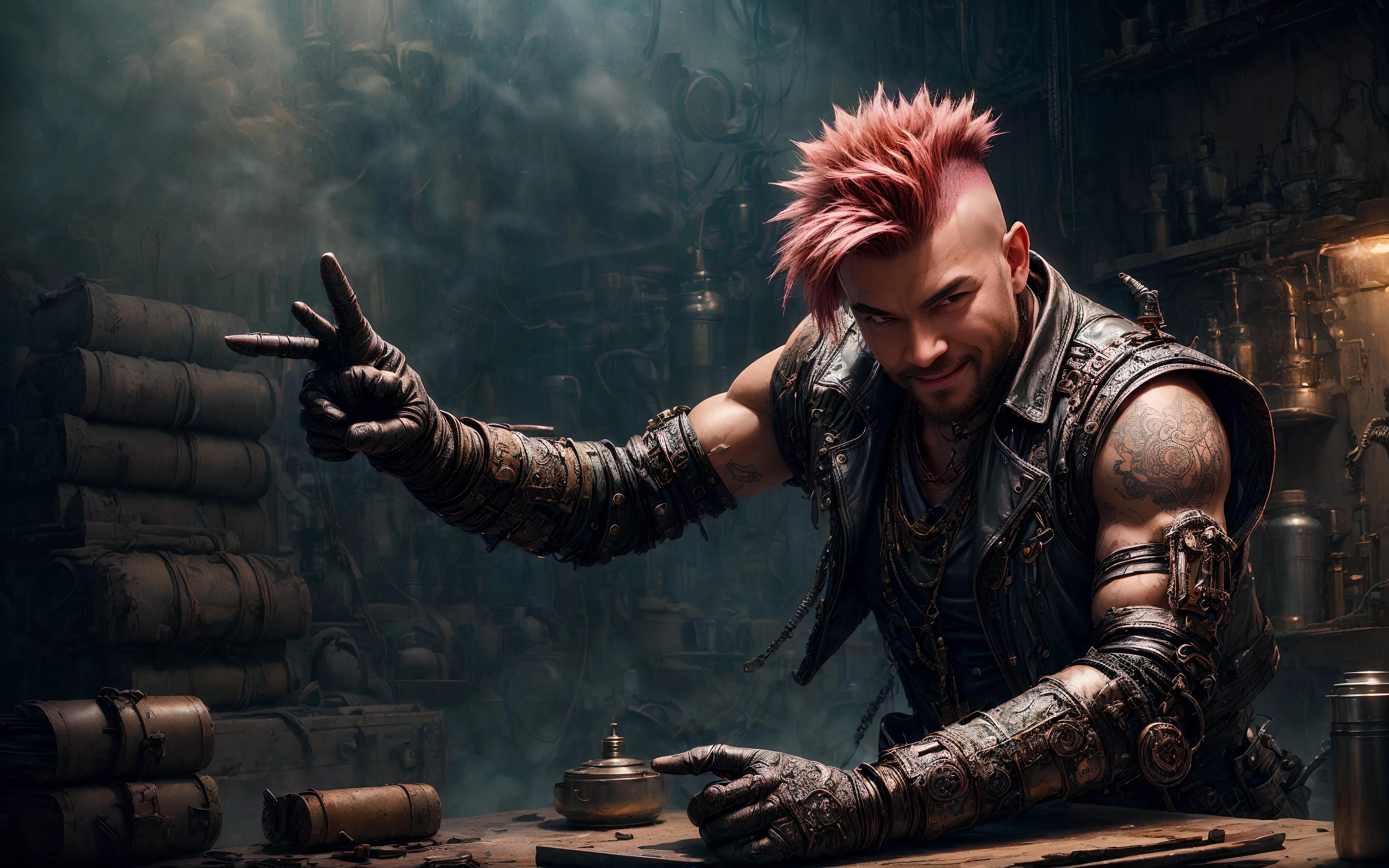 masterpiece, epic, majestic, best quality, very high resolution, 8k, hdr, digital photography, dynamic pose, showy wrinkled face, senior (male Tennin:1.2) weaponsmith, pink eyes, (light brown hair, mohawk:1.1), showing fatalistic expression, (style-rustmagic:0.5), (steampunk cyborg:0.8), (bloody wounds:0.7), looking away, solo, full body, detailed background, (<lora:ExpeditionStyle:0.6>, ExpeditionStyle theme:1.1) evil smile, dynamic pose, dim lighting technomancer, floating screws, Grenadier grease-stained leather vest, techwear, mechanical gloves with intricate gears, contraption, workshop in background, steam, industry, technology, automaton, epic atmosphere, ,, (iridescent:0.7), (transparent:0.8), (translucid:0.8), (reflection:0.6), (refraction:0.3), (diffraction:0.3), (caustics:0.3), volumetric lights, volumetric shadows, (subsurface scatering:0.4), physically based rendering, (intricate details:1.3), hyperdetailed, ultrarealistic, (sharp focus:1.2) <lora:hyperdenoiser_v090:1.5> <lora:add_detail:1.5>