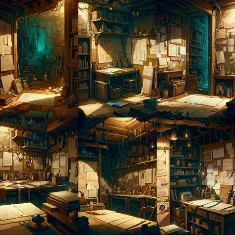 (otherworldly, otherworldly atmosphere, otherworldly appearance), highly insanely detailed, masterpiece, top quality, best quality, highres, 4k, 8k, RAW photo, masterpiece, (realistic:1.peditionstyle, Abandoned Workshop: Rusted tools scattered across a cluttered workbench, the lingering smell of oil and wood, yellowed drawings and blueprints pinned to a corkboard on the wall., <lora:ExpeditionStyle:1>, (fantasy world)