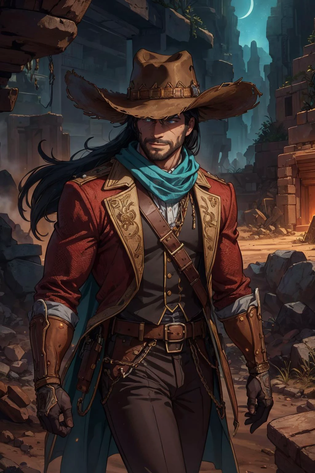 beautiful, linework, thick outlines, strong shadows, <lora:detail_slider_v4:1.0>, <lora:GoodHands-beta2:0.8>
(1man, muscular adult european male:1.2), aquamarine eyes, black hair, textured fringe,
looking away, focus on character, solo, (full body:0.6), detailed face, (<lora:ExpeditionStyle:0.6>, ExpeditionStyle theme:1.1), cowboy, wide brimmed hat, belt, (cape:0.8), walking, grinning, 19th century wild west, american frontier, wild west era red rocky mesa in background, desert backdrop, nighttime, epic atmosphere, dust,