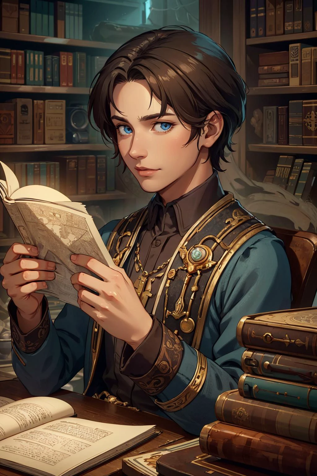 highres, detailed, <lora:detail_slider_v4:1.0>,
(1man, thin adult male:1.2), light blue eyes, dark brown hair, temp fade,
solo, upper body, looking at viewer, detailed background, detailed face, intricate details, (<lora:ExpeditionStyle:0.6>, ExpeditionStyle theme:1.1) scholar sitting at desk, researching, clutter, surrounded by books, maps, notes, glowing magical symbols, runes, abacus, magic emerging from text, ancient magic, library in background, filtered light, mysterious atmosphere,
