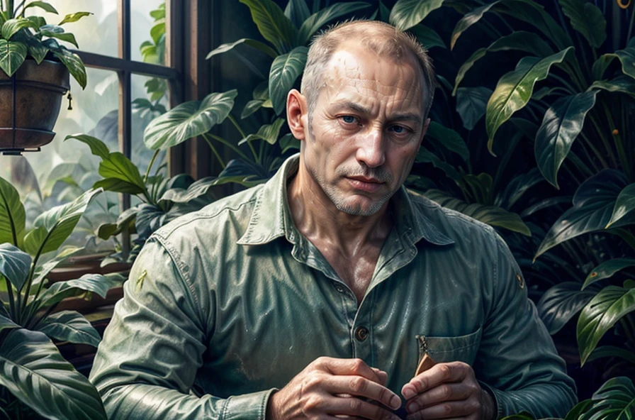k0nstant1n_n0texist-a-man focus-on-character portrait solo upper-body looking-down detailed-background detailed-face ( <lora:ExpeditionStyle:0.6> ExpeditionStyle-theme:1.1) smile botanical-scientist planters magical-plants colorful-plants greenhouse-effect floating-plants magic healing-magic green-color-scheme lotus herbs seeds mushrooms science greenhouse-in-background magical-atmosphere <lora:add_detail:0.75> <lora:sharpen-soften:-0.2> <lora:stylesqueeze_v2:0.25> <lora:realistic:0.25> illustration best-quality beautiful-and-aesthetic fine-details high-resolution UHD low-saturation sharp-focus cinematic-shadows