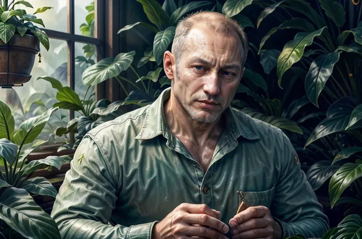k0nstant1n_n0texist-a-man focus-on-character portrait solo upper-body looking-down detailed-background detailed-face ( <lora:ExpeditionStyle:0.6> ExpeditionStyle-theme:1.1) smile botanical-scientist planters magical-plants colorful-plants greenhouse-effect floating-plants magic healing-magic green-color-scheme lotus herbs seeds mushrooms science greenhouse-in-background magical-atmosphere <lora:add_detail:0.75> <lora:sharpen-soften:-0.2> <lora:stylesqueeze_v2:0.25> <lora:realistic:0.25> illustration best-quality beautiful-and-aesthetic fine-details high-resolution UHD low-saturation sharp-focus cinematic-shadows