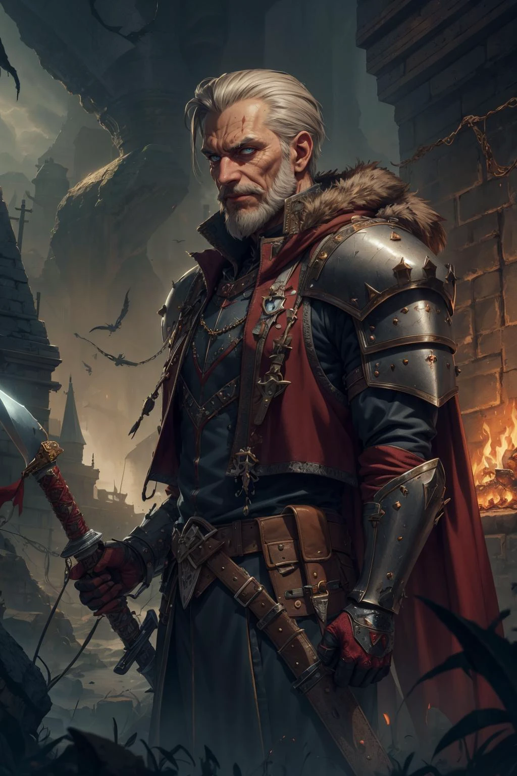 <lora:detail_slider_v4:0.8>,
(1man, old male:1.2), grey eyes, dark brown hair, thin beard,
<lora:GoodHands-beta2:0.8>,
portrait, solo, from side, side view, upper body, detailed background, detailed face, (<lora:ExpeditionStyle:0.6>, ExpeditionStyle theme:1.1), (glowing eyes:1.05), warrior, villain, sinister smirk, crimson clothes, heavy studded armor, tattered cloak, wielding magical blade , eerie dynamic pose, spiders in background, dungeon in background, shadowy dark sinister atmosphere, black clouds,