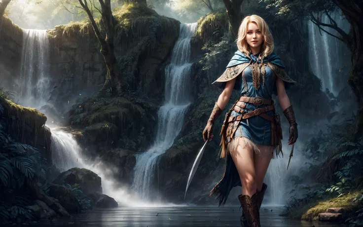 masterpiece, epic, majestic, best quality, very high resolution, 8k, hdr, digital photography, dynamic pose, stunning 35 years old female Weretiger magus, aquamarine eyes, (blonde hair, fringe hair:1.1), showing hard expression, (Style-GravityMagic:0.7), looking down, solo, full body, detailed background, detailed face, (<lora:ExpeditionStyle:0.6>, ExpeditionStyle theme:1.1), scout, light smile, protector of the wild, medieval fantasy setting, high fantasy, gray tattered leather clothes, capelet, gloves, hood, belt, enchanted forest, oak trees,,evergreen trees,,fallen leaves waterfall, (Style-SwampMagic:0.4), birds, feathers, wildlife, curved blade, swirling elemental spirits, rain, mist,, (iridescent:0.7), (transparent:0.8), (translucid:0.8), (reflection:0.6), (refraction:0.3), (diffraction:0.3), (caustics:0.3), volumetric lights, volumetric shadows, (subsurface scatering:0.4), physically based rendering, (intricate details:1.3), hyperdetailed, ultrarealistic, (sharp focus:1.2) <lora:hyperdenoiser_v090:1.5> <lora:add_detail:1.5>