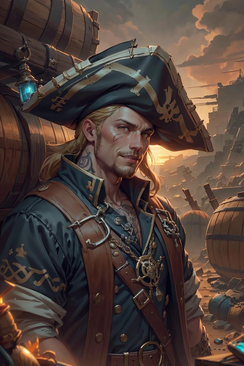 soothing tones, muted colors, high contrast, (hyperrealism, soft light, sharp), <lora:detail_slider_v4:0.8>,
(1man, muscular adult swedish male:1.2), yellow eyes, chestnut hair, clean-shaven,
<lora:GoodHands-beta2:0.8>,
focus on character, portrait, looking up, solo, from front, front view, upper body, detailed background, (<lora:ExpeditionStyle:0.6>, ExpeditionStyle theme:1.1), cursed privateer, tattoos, elaborate privateer sailor outfit, pirate hat, cunning smile, standing, sypglass, dark pirate cave, treasure chests, weapons, barrels in background, sunset, cinematic atmosphere,