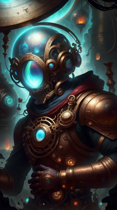 <lora:ExpeditionStyle:1>ExpeditionStyle Style-GravityMagic, portrait, solo, upper body, looking at viewer, detailed background, detailed face, (<lora:DwemerTech:0.7> dwemertech, ancient theme:1.1) glowing eyes, (timeless wanderer:1.1), eternity, timeless, infinite space, circular patterns, hourglass, clockwork, clock gears,   dynamic pose,  clock-face in background, epic atmosphere,, (Masterpiece:1.3) (best quality:1.2) (high quality:1.1)