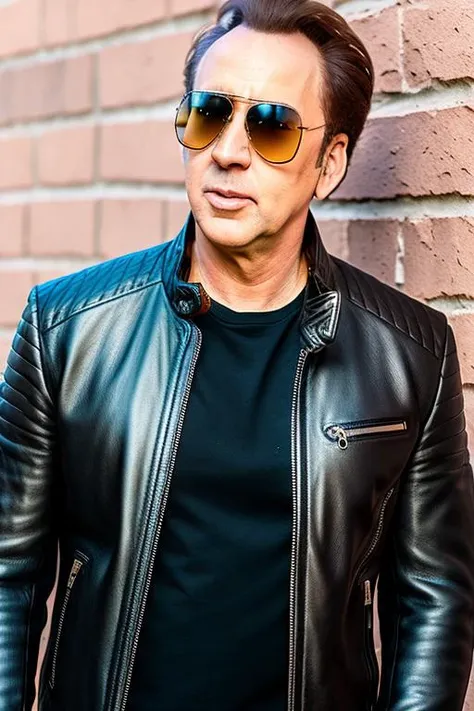 NcCG wearing sunglasses and a leather jacket, <lora:NCCG3_3045:1>,high quality photograph, alley background,