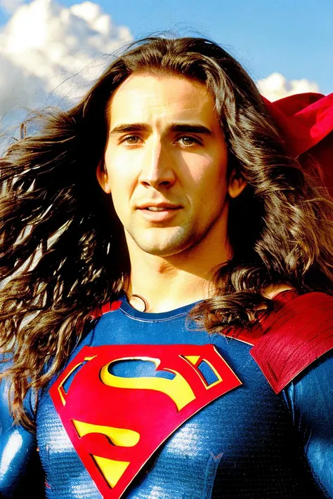 Long-haired NcCG dressed as Superman, analog style, <lora:NCCG3_3045:1>
