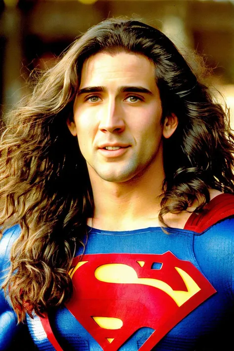 Long-haired NcCG dressed as Superman, analog style, <lora:NCCG3_3045:1>