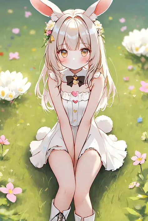 ,rabbit girl,bangs,thigh gap,bare shoulders,bare legs,bare arms, boots,soft,heart,sitting,animal ear fluff,skirt,grass,flower,