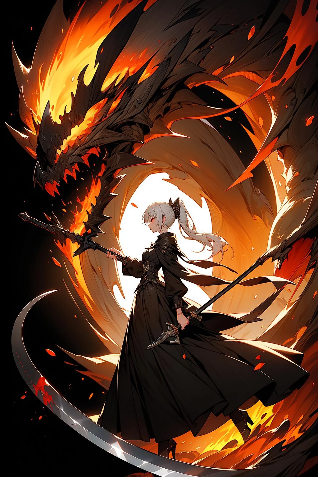 best quality,highres,absurdres,full body,(ultra-detailed:1.1025),), girl,patent drawings,dark theme,
1girl,silver hair,high ponytail,red eyes,
reflection,night,from side,action,jumping,cold,blonde hair,bare legs,torn clothes,gradient background,ash,flying ash,dust,
stationery,(solo),cohesive background,(character sheet),thin,full body,long dress,flying,scythe,big scythe,
black fire,black flame,white flame,cold,ice,gothic,
scythe,big scythe,monster,huge weapon,weapon,
((best quality)),((masterpiece)),((ultra-detailed)),(illustration),(detailed light),(an extremely delicate and beautiful),((a beautiful girl:1.4)),((cowboy shot)),((standding),incredibly_absurdres,wallpaper,highres,artbook,,death,((Death Scythe)),Scythe,cloak,black background,bone,Monster,saint-like,Frightening,Perfect weapon,Death,Death,Death darksouls,blood stain,bloodborne, dark, , (masterpiece),(best quality),(super delicate),(best illustration),(an extremely delicate and beautiful)(intricate detail)(depth of field)(extremely detailed)