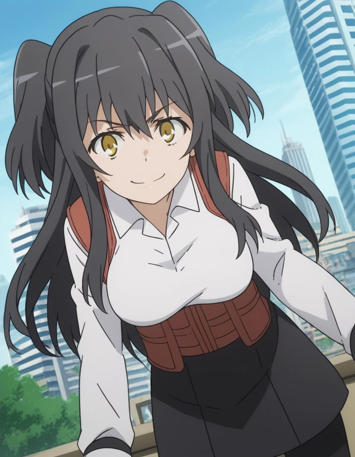 score_9, score_8_up, score_7_up, source_anime,
rakkoyumiya, <lora:rakko-yumiya-s3-ponyxl-lora-nochekaiser:1>,
rakko yumiya, long hair, black hair, two side up, yellow eyes, sidelocks,
skirt, shirt, long sleeves, white shirt, pantyhose, black skirt, black pantyhose, underbust,
outdoors, cityscape, smile, bent over,
looking at viewer, cowboy shot, dutch angle, solo,