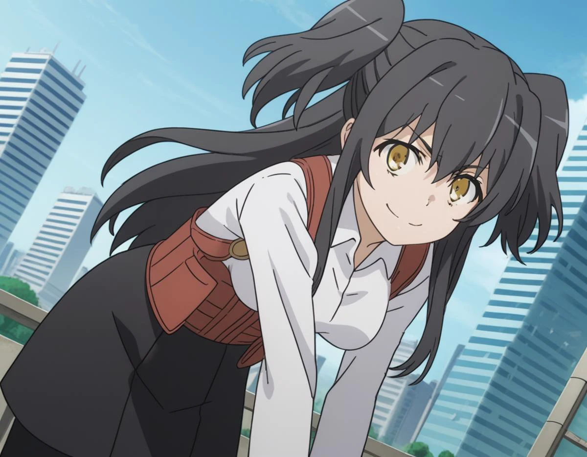 score_9, score_8_up, score_7_up, source_anime,
rakkoyumiya, <lora:rakko-yumiya-s3-ponyxl-lora-nochekaiser:1>,
rakko yumiya, long hair, black hair, two side up, yellow eyes, sidelocks,
skirt, shirt, long sleeves, white shirt, pantyhose, black skirt, black pantyhose, underbust,
outdoors, cityscape, bent over, smile,
looking at viewer, cowboy shot, dutch angle, solo,