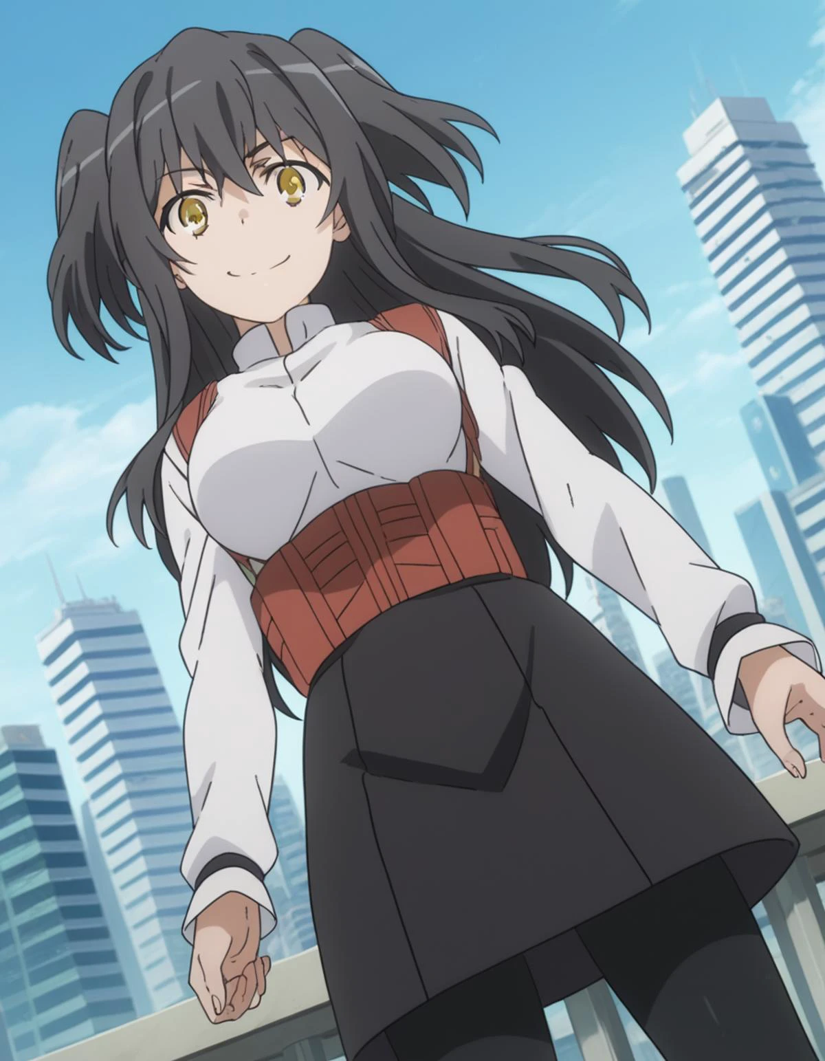 score_9, score_8_up, score_7_up, source_anime,
rakkoyumiya, <lora:rakko-yumiya-s3-ponyxl-lora-nochekaiser:1>,
rakko yumiya, long hair, black hair, two side up, yellow eyes, sidelocks,
skirt, shirt, long sleeves, white shirt, pantyhose, black skirt, black pantyhose, underbust,
outdoors, cityscape, smile,
looking at viewer, cowboy shot, dutch angle, solo,