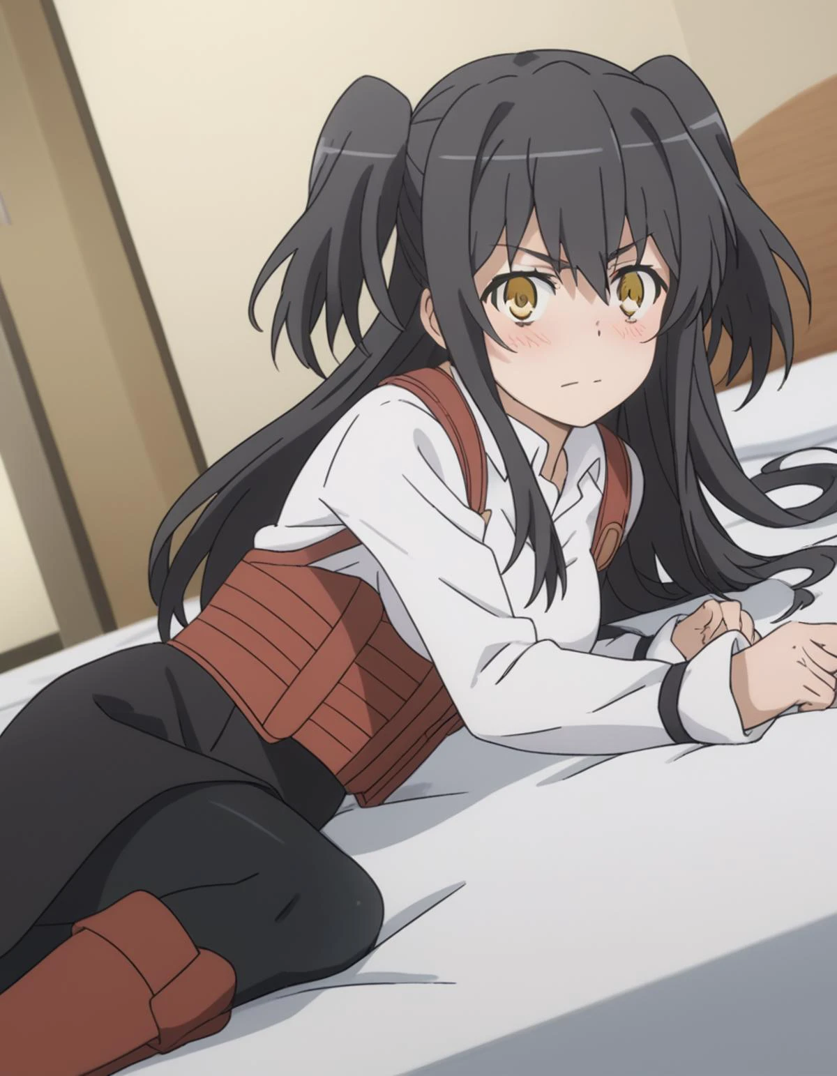 score_9, score_8_up, score_7_up, source_anime,
rakkoyumiya, <lora:rakko-yumiya-s3-ponyxl-lora-nochekaiser:1>,
rakko yumiya, long hair, black hair, two side up, yellow eyes, sidelocks,
skirt, shirt, long sleeves, white shirt, pantyhose, boots, black skirt, black pantyhose, knee boots, red footwear, underbust,
indoors, bed, bed room, on side, blush, drunk,
looking at viewer, cowboy shot, dutch angle, solo,