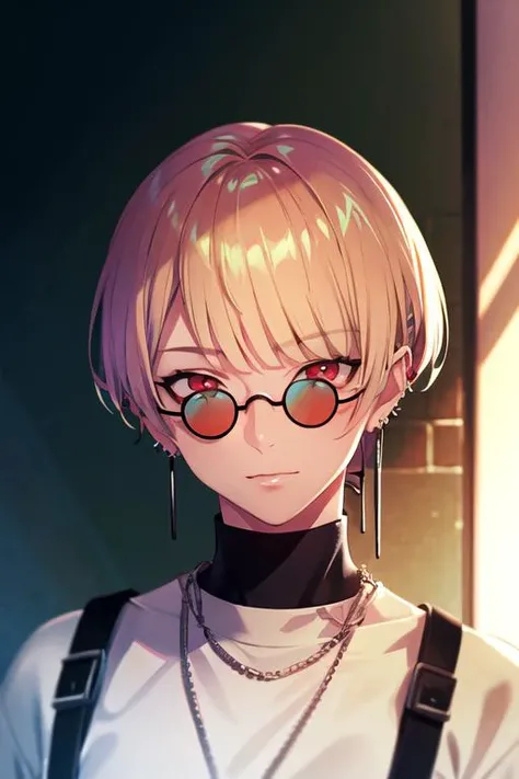 photorealistic, (4k), depth of field, (Masterpiece), (realistic skin texture), extremely detailed, intricate, hyper detailed, high resolution, professional photography, bokeh, depth of field, sharp detail, best quality, looking at viewer, 1boy, solo, male focus, <lora:hajun_yeon:0.84>, hajun_yeon, blonde hair, red eyes, , bangs, jewelry, earrings, , , hard science fiction, 12k resolution