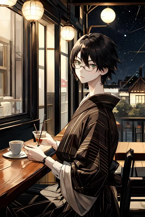 (masterpiece:1.2), ultra detailed,<lora:ItoshikiNozomu:0.8>, Itoshiki, glasses, green eyes, kimono, hakama, sitting in a cafe, (cafe shop), looking out of window, beautiful face, beautiful moonlight, ((night)), best quality, ((night)), <lora:Adddetail:0.7>, looking at the viewer