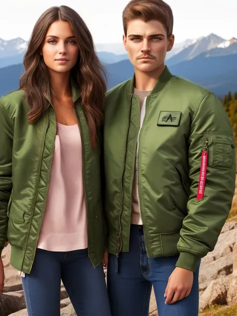 masterpiece, best quality, greenb, alpind, jacket, open jacket, 1girl, 1 boy, looking at the viewer, highly detailed, epic, mountains background, natural skin texture, hyperrealism, soft light, sharp<lora:ALPINDTHREE:0.8>