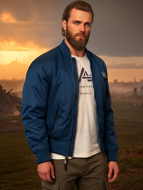 masterpiece, best quality, blueb, alpind,  jacket,  open jacket, 1man, male focus, beard, looking at the viewer, highly detailed, apocalypse background, ruins,  depressed, HDR, cinematic, filmic, (rutkowski, artstation:0.8) <lora:ALPINDTHREE:0.8>