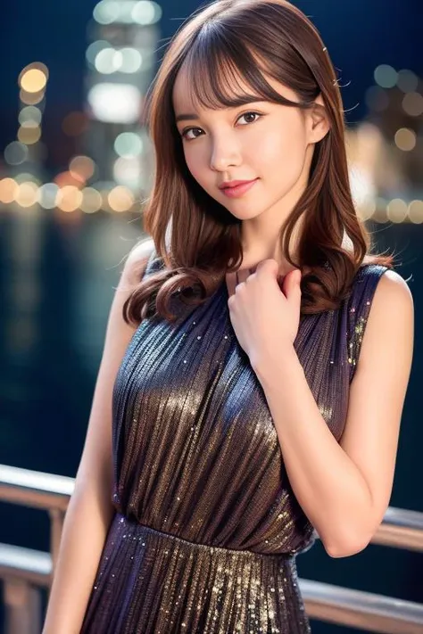 Skinny Japanese woman, age 30s, 1girl,(wearing a sleeveless glittery evening dress:1.2),(RAW photo, best quality), (realistic, photo-realistic:1.4), masterpiece, an extremely delicate and beautiful, extremely detailed, 2k wallpaper, Amazing, finely detail, ultra-detailed, highres, soft light, beautiful detailed girl, extremely detailed eyes and face, beautiful detailed nose, beautiful detailed eyes,cinematic lighting,city lights at night,perfect anatomy,smiling
