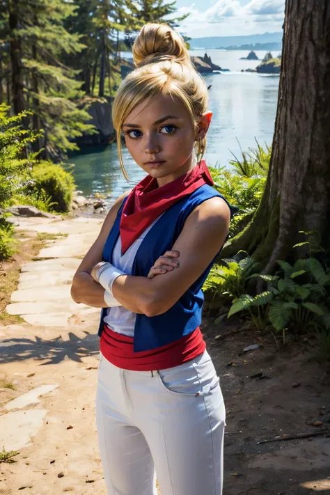 toon tetra, blue eyes, dark skin, blonde hair, hair bun, vest, neckerchief, white pants, sash, looking at viewer, serious, medium shot, standing, arms crossed, outside, forest, ocean, natural lighting, high quality, masterpiece <lora:Toon_Tetra_Zelda_v1:.5>
