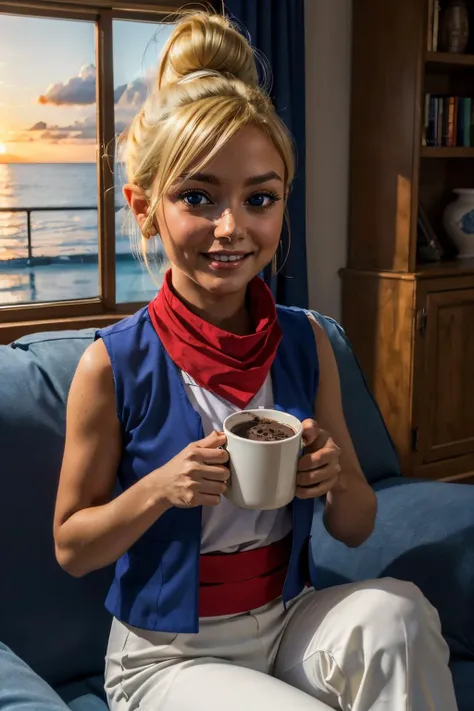 toon tetra, blue eyes, dark skin, blonde hair, hair bun, vest, neckerchief, white pants, sash, looking at viewer,smiling, happy, sitting, on sofa, holding hot chocolate, inside cozy living room, ocean, sunset,  high quality, masterpiece  <lora:Toon_Tetra_Zelda_v1:.5>