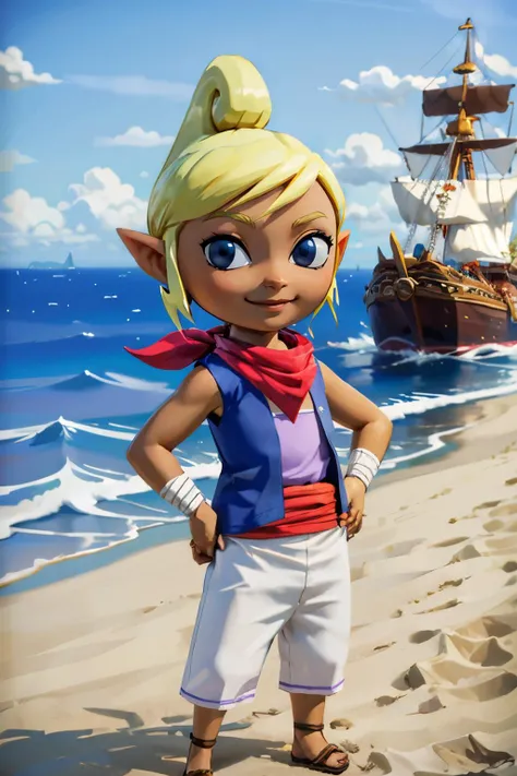 toon tetra, blue eyes, dark skin, blonde hair, vest, neckerchief, white pants, sash, sandals, looking at viewer, smiling, full body shot, standing, hands on hips, outside, beach, pirate ship, sunny, high quality, masterpiece <lora:Toon_Tetra_Zelda_v1:.8>