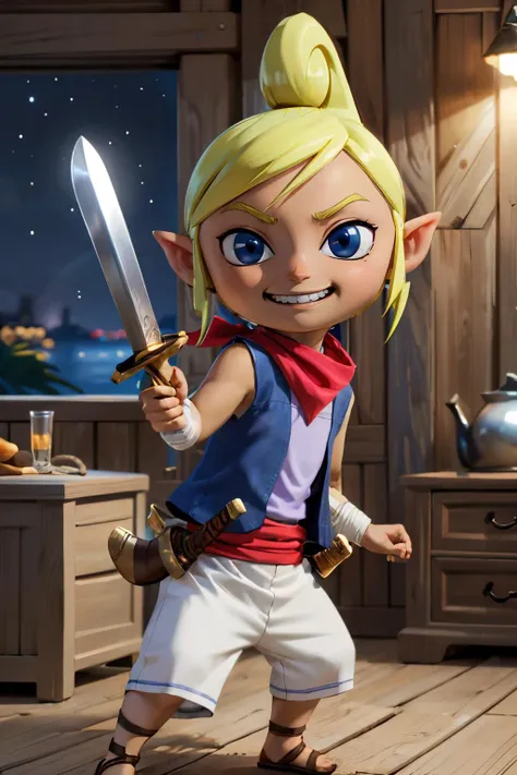 toon tetra, blue eyes, dark skin, blonde hair, vest, neckerchief, white pants, sash, looking at viewer, serious, evil grin, action shot, holding sword, inside dark room, night time, high quality, masterpiece <lora:Toon_Tetra_Zelda_v1:.7>