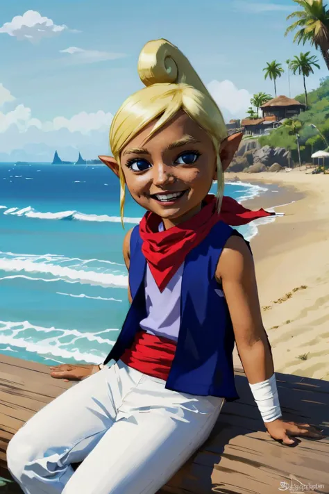 toon tetra, blue eyes, dark skin, blonde hair, vest, neckerchief, white pants, sash, looking at viewer, smiling, teeth, sitting, on log, outside, beach, ocean, palm tree, blue sky, high quality, masterpiece  <lora:Toon_Tetra_Zelda_v1:.8>