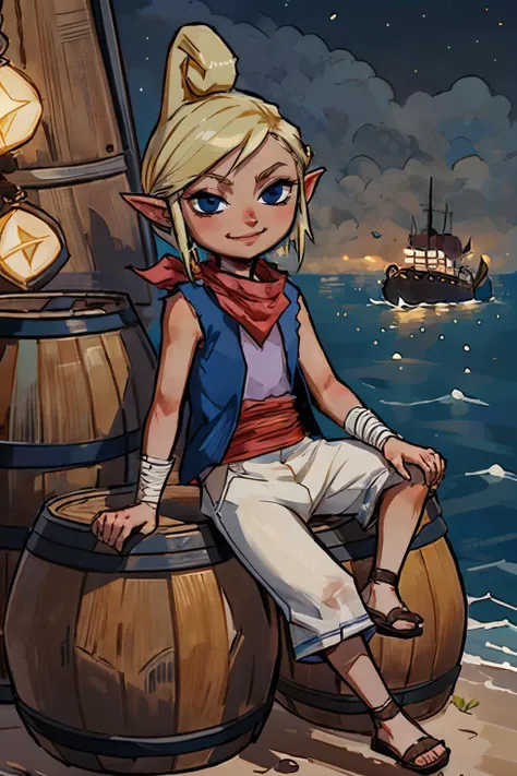 toon tetra, blue eyes, dark skin, blonde hair, vest, neckerchief, white pants, sash, looking at viewer, serious, smiling, sitting, on barrel, on pirate ship, ocean, night time, high quality, masterpiece <lora:Toon_Tetra_Zelda_v1:.8>
