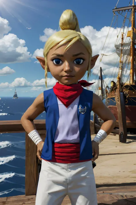toon tetra, blue eyes, dark skin, blonde hair, vest, neckerchief, white pants, sash, looking at viewer, serious, standing, hands on hips, on pirate ship, ocean, blue sky, high quality, masterpiece  <lora:Toon_Tetra_Zelda_v1:.8>